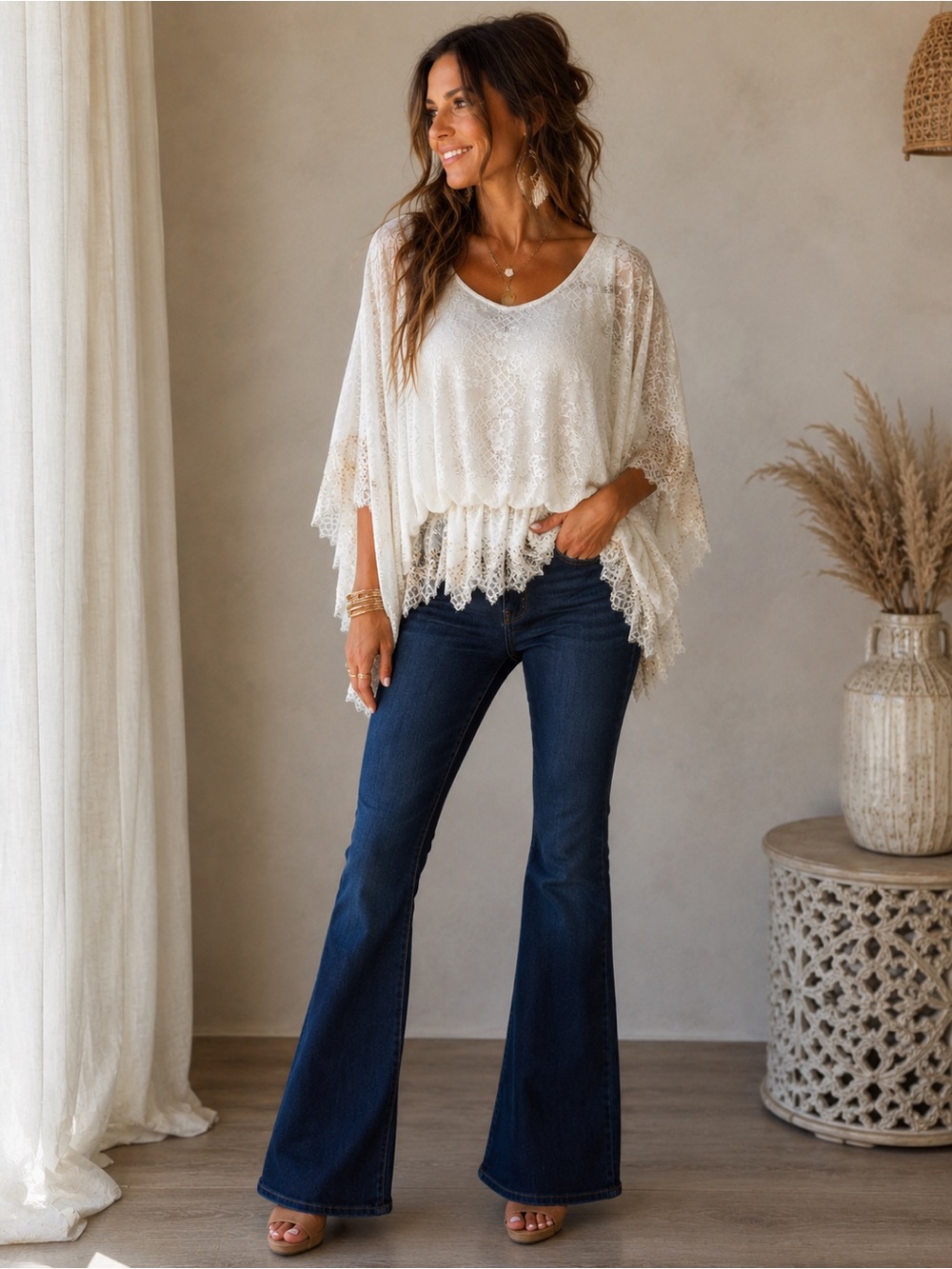 ANTONIO MELANI Cream Lace Draped Poncho Blouse